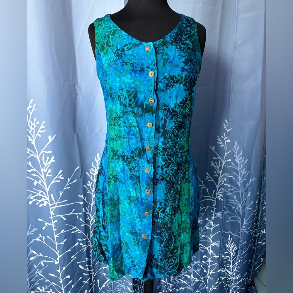 Tropical Blue and Green Button-Down Midi Dress